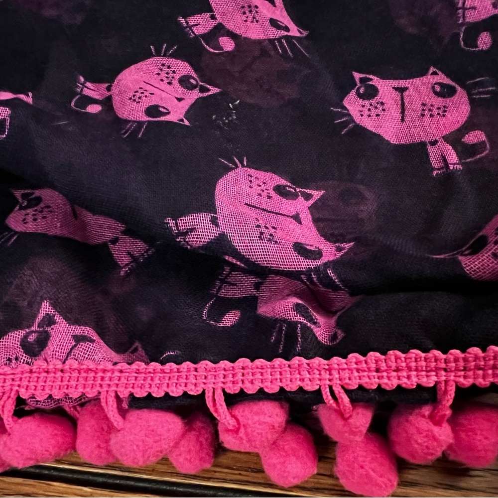Eternity Scarf, Dark Blue Veil With Pink Cats & Pink Pom-poms